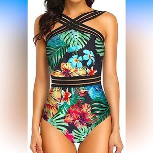 Colorful Floral Design Black with Flowers One Piece Swimsuit Bathing Suit Halter